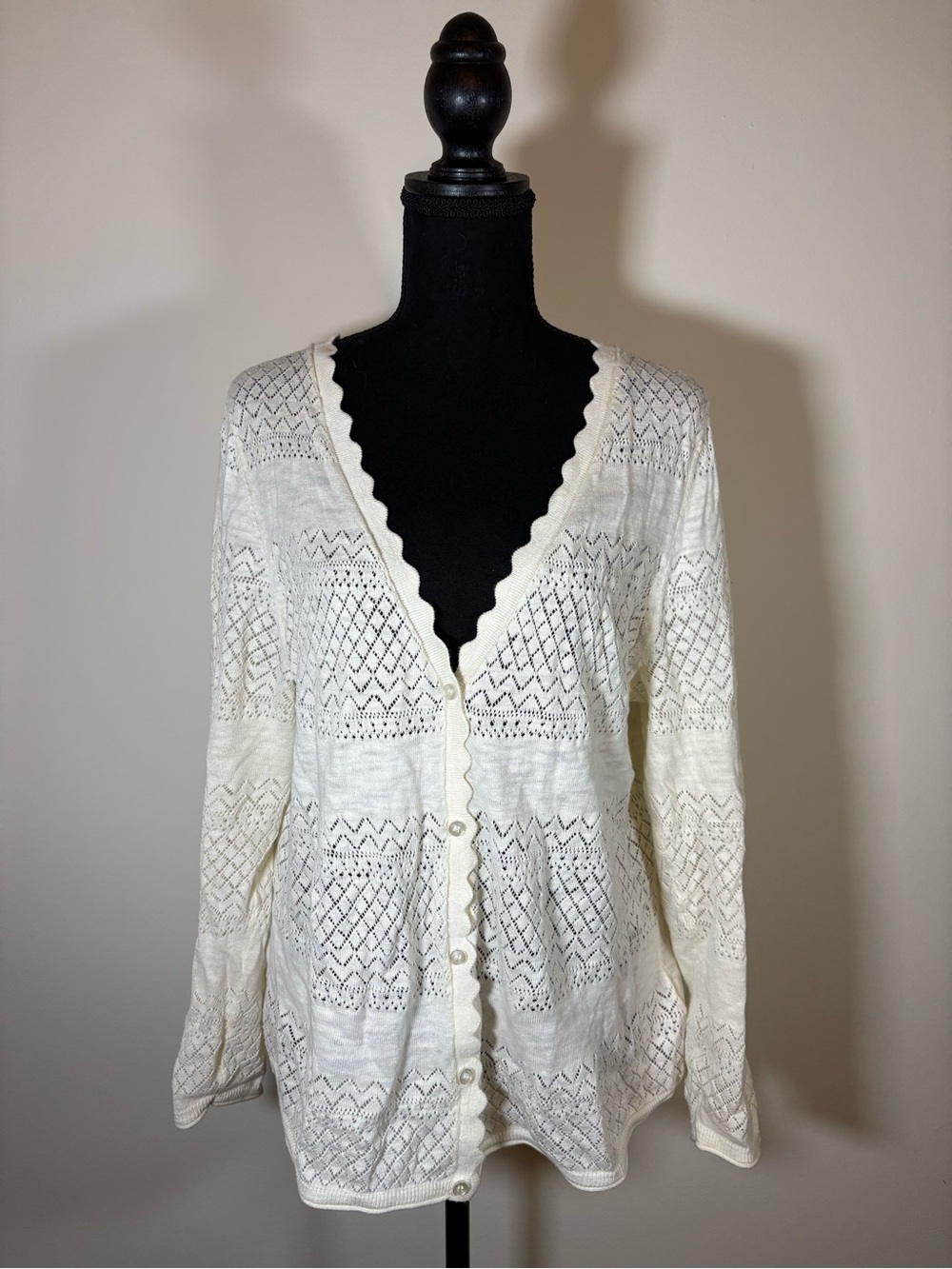 Frye Cream Scalloped Openwork Pointelle 100% Cotton Button Cardigan
